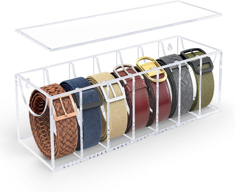 Oubou Store Belt Organizer, Acrylic Belt Storage Organizer for Closet with Dust Cover and Drawer,7 Compartments Transparent Display Case for Belts - Image 1
